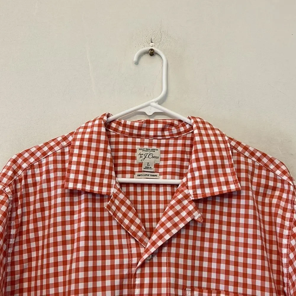J Crew organic cotton orange white checked  front pocket shirt Size L